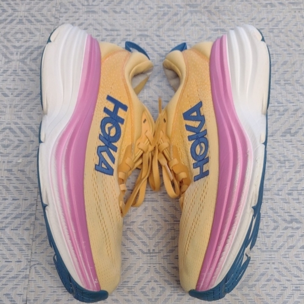 Hoka One One Bondi 8 Women's Yellow and Pink Running Shoes - Picture 7 of 14